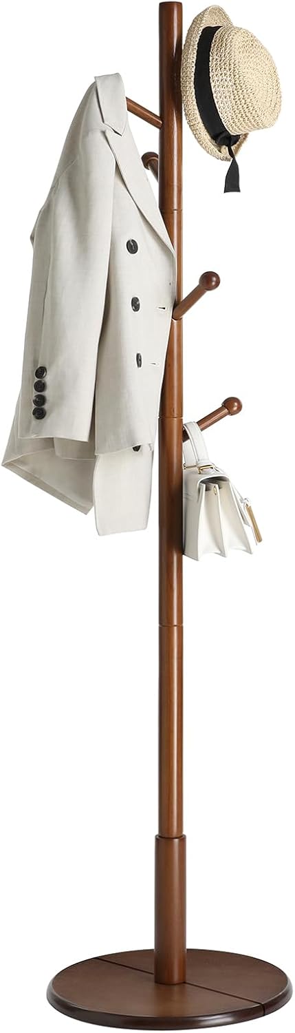 VASAGLE Solid Wood Coat Rack, Free Standing Hall Coat Tree with 8 Hooks, 3 Height Options, for Coats, Hats, Bags, Purses, for Entryway, Hallway, Rubberwood Hooks and Pole, Dark Walnut URCR010W01