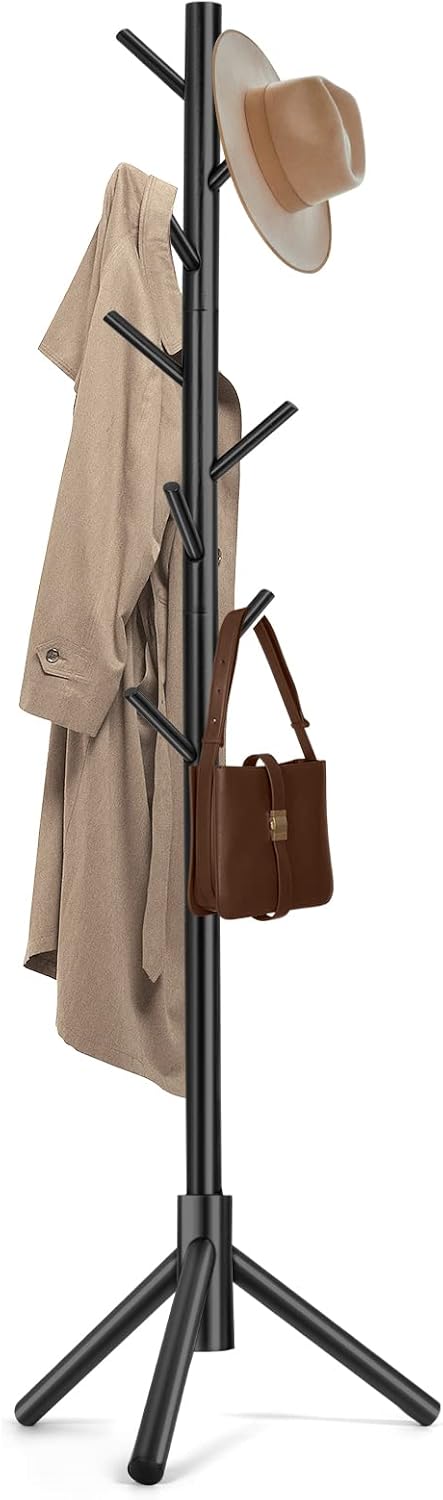 Solid Wooden Coat Rack Freestanding, New Zealand Pine Coat Tree with 8 Hooks & 3 Adjustable Sizes for Coats, Hats, Handbags and Scarves, Space Saving for Entryway/Office/Bedroom (Black)
