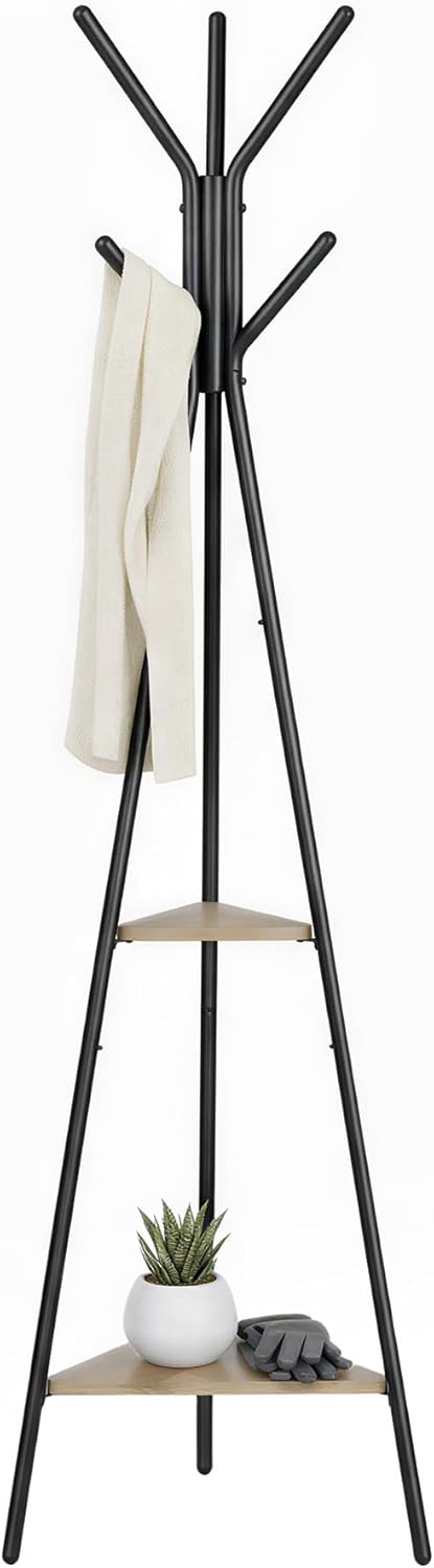 VASAGLE Coat Rack, Coat Stand with 3 Shelves, Hall Tree Free Standing with Hooks for Scarves, Bags, Umbrellas, Steel Frame, Industrial Style, for Entryway, Living Room, Rustic Brown and Black ULCR80X