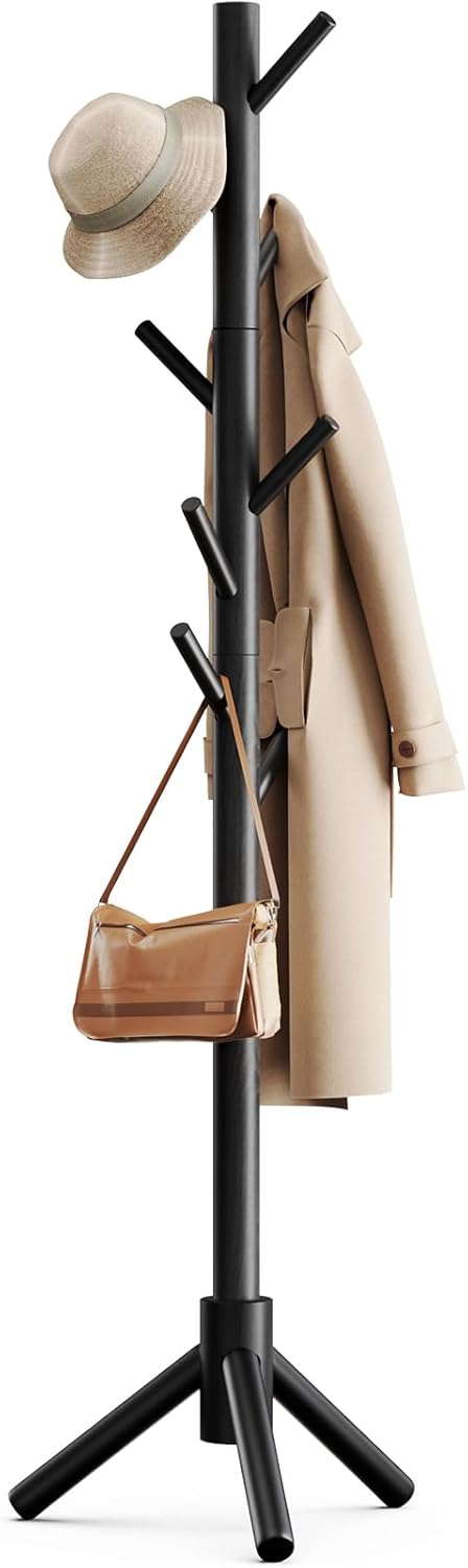 Pipishell Sturdy Wooden Coat Tree with 8 Hooks, 3 Adjustable Sizes for Clothes, Hat Stand Used in Bedroom/Office/Entryway, Brown