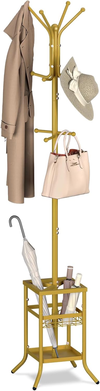 Yoobure Coat Rack Freestanding - Coat Tree with Umbrella Holder, Metal Coat Rack Stand with 12 Hooks, Modern Coat Hanger Stand for Entryway, Purse Rack Hat Rack Stand for Living Room Bedroom Office
