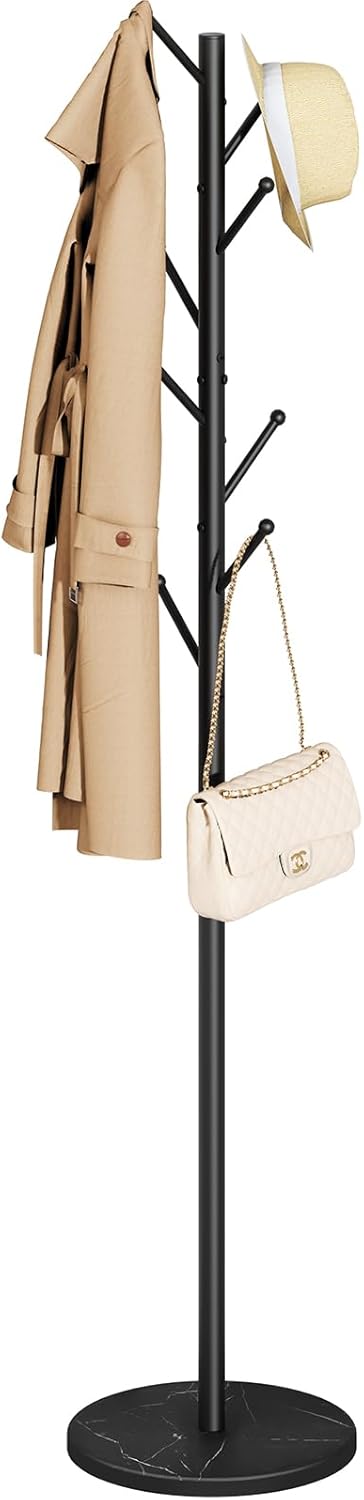 Yoobure Coat Rack Freestanding with Natural Marble Base - Coat Tree with 8 Hooks Heavy Duty Coat Hanger Stand, Metal Coat Rack Stand for Jacket, Hat, Clothes & Bag, Hall Tree Hat Rack for Entryway