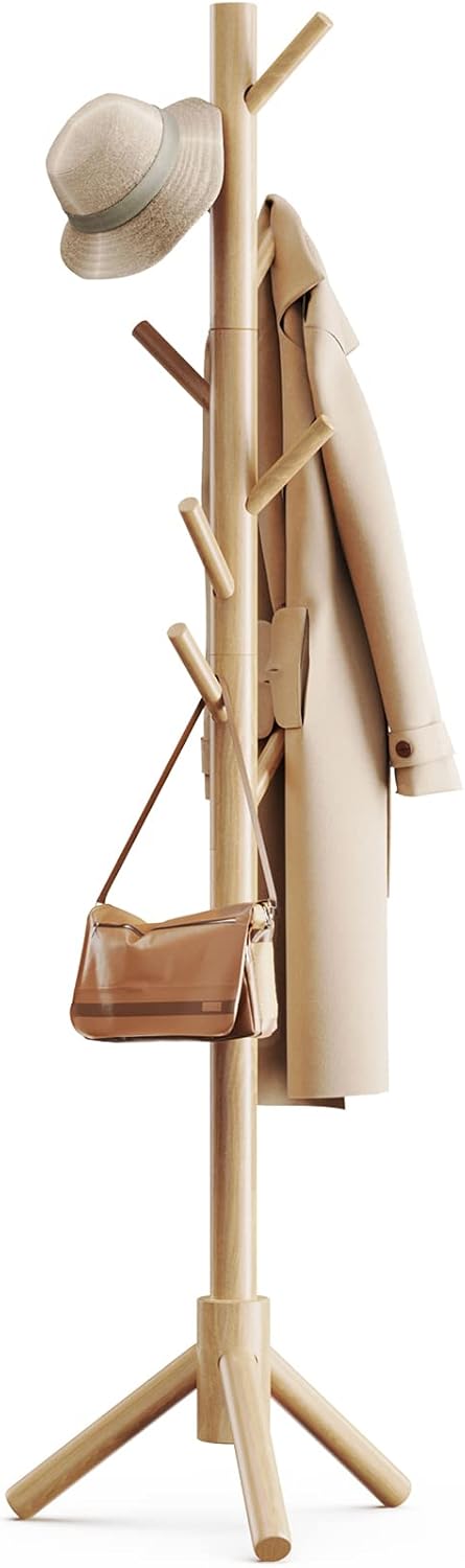 Pipishell Sturdy Wooden Coat Tree with 8 Hooks, 3 Adjustable Sizes for Clothes, Hat Stand Used in Bedroom/Office/Entryway, Brown