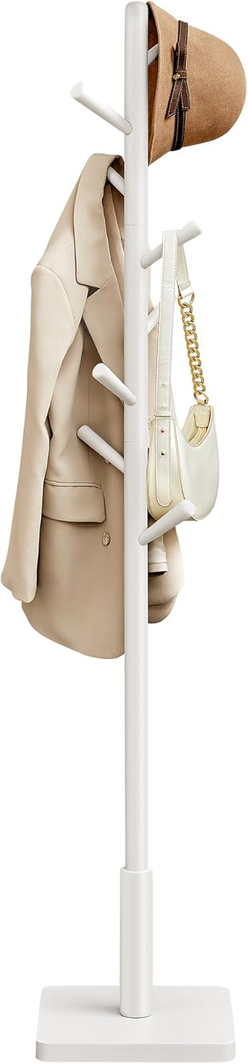 VASAGLE Solid Wood Coat Rack, Free Standing Hall Coat Tree with 8 Hooks, 3 Height Options, for Coats, Hats, Bags, Purses, for Entryway, Hallway, Rubberwood Hooks and Pole, Dark Walnut URCR010W01