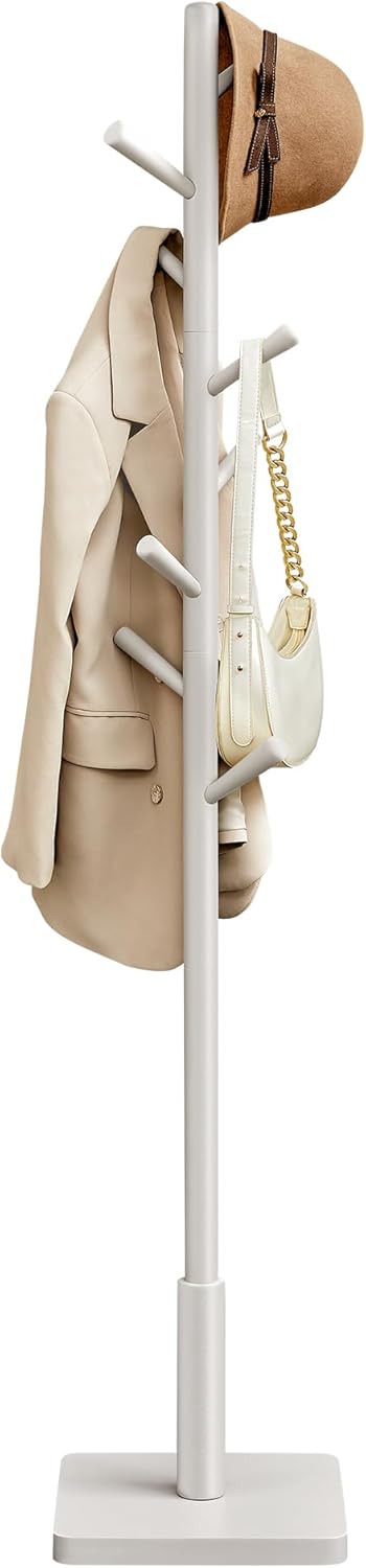 VASAGLE Solid Wood Coat Rack, Free Standing Hall Coat Tree with 8 Hooks, 3 Height Options, for Coats, Hats, Bags, Purses, for Entryway, Hallway, Rubberwood Hooks and Pole, Dark Walnut URCR010W01