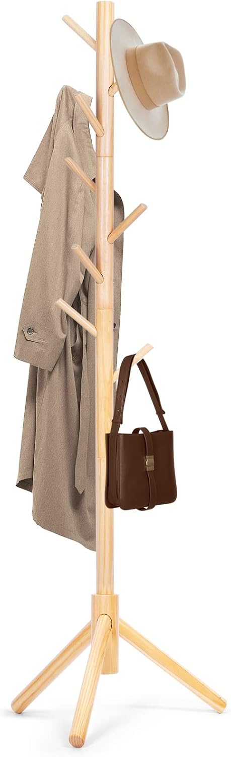 Solid Wooden Coat Rack Freestanding, New Zealand Pine Coat Tree with 8 Hooks & 3 Adjustable Sizes for Coats, Hats, Handbags and Scarves, Space Saving for Entryway/Office/Bedroom (Black)