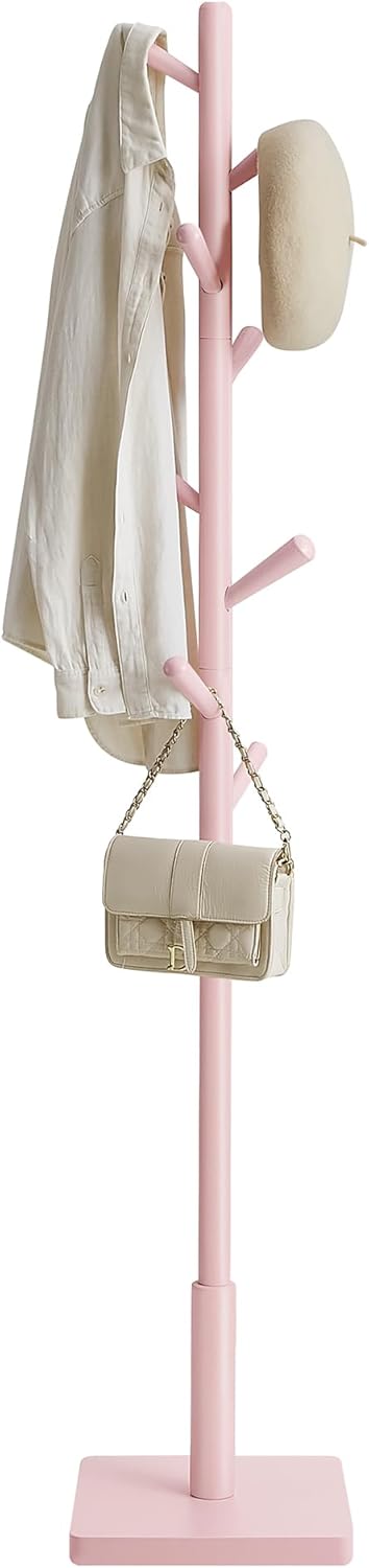 VASAGLE Solid Wood Coat Rack, Free Standing Hall Coat Tree with 8 Hooks, 3 Height Options, for Coats, Hats, Bags, Purses, for Entryway, Hallway, Rubberwood Hooks and Pole, Dark Walnut URCR010W01