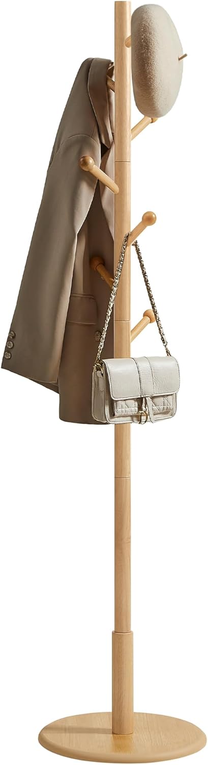 VASAGLE Solid Wood Coat Rack, Free Standing Hall Coat Tree with 8 Hooks, 3 Height Options, for Coats, Hats, Bags, Purses, for Entryway, Hallway, Rubberwood Hooks and Pole, Dark Walnut URCR010W01