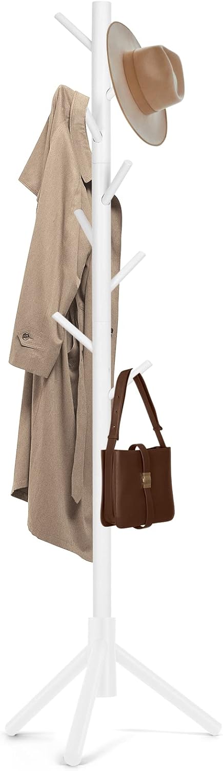 Solid Wooden Coat Rack Freestanding, New Zealand Pine Coat Tree with 8 Hooks & 3 Adjustable Sizes for Coats, Hats, Handbags and Scarves, Space Saving for Entryway/Office/Bedroom (Black)
