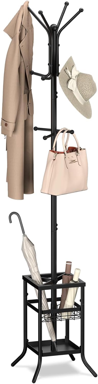 Yoobure Coat Rack Freestanding - Coat Tree with Umbrella Holder, Metal Coat Rack Stand with 12 Hooks, Modern Coat Hanger Stand for Entryway, Purse Rack Hat Rack Stand for Living Room Bedroom Office