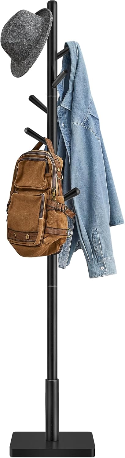 VASAGLE Solid Wood Coat Rack, Free Standing Hall Coat Tree with 8 Hooks, 3 Height Options, for Coats, Hats, Bags, Purses, for Entryway, Hallway, Rubberwood Hooks and Pole, Dark Walnut URCR010W01