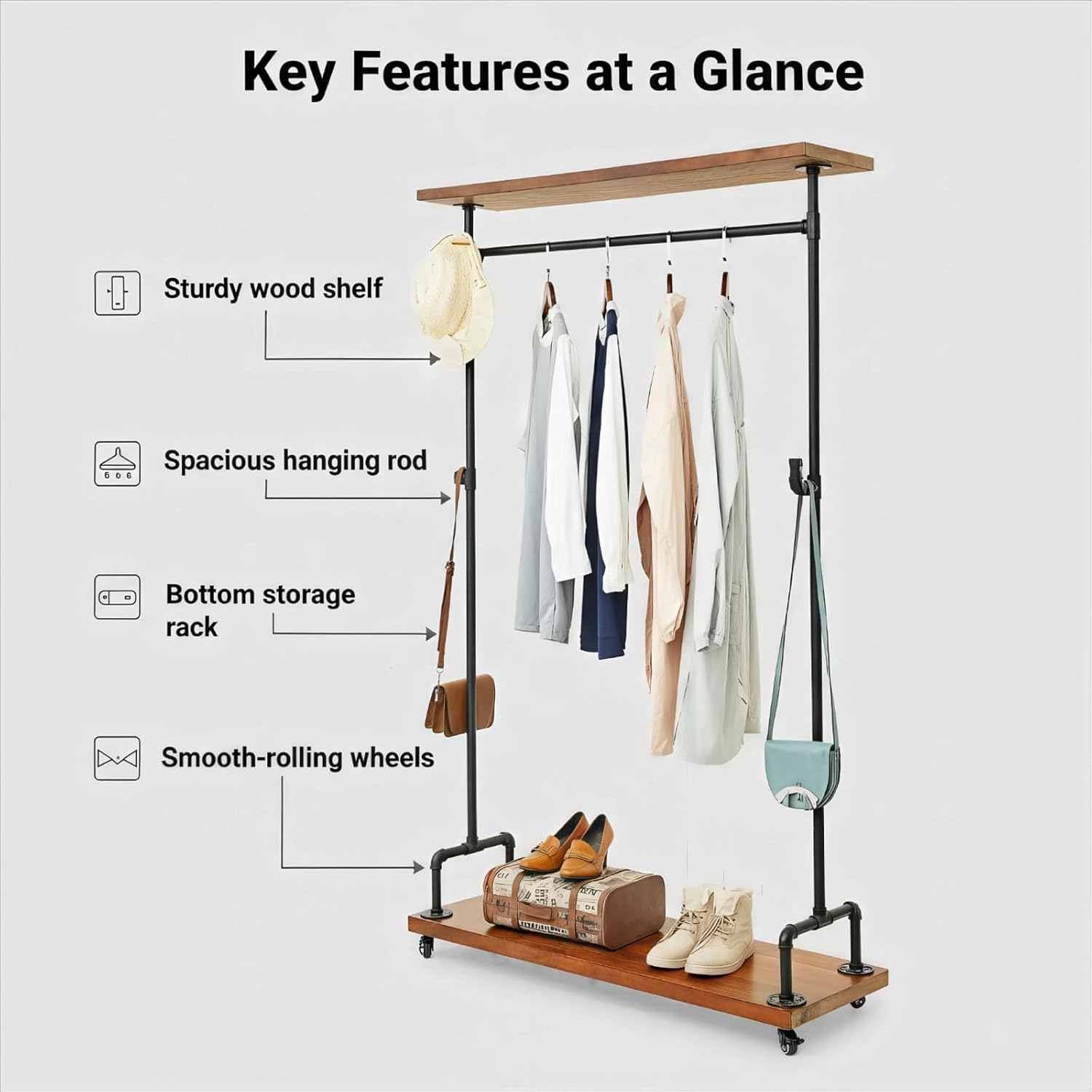 Industrial Pipe Clothing Racks, Rolling Garment Racks, Hall Tree on Lockable Wheels with Shelves and Shoes Storage, Heavy Duty Clothes Rack (two tiers garment rack)