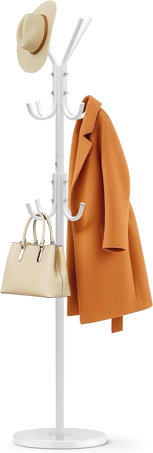 MISSLO Heavy Duty Coat Rack Freestanding with Stable Wood Base Modern Coat Tree with 12 Hooks Adjustable Coats Hanger Stand Stylish Standing Clothes Tree for Entryway Bedroom Corner Hall