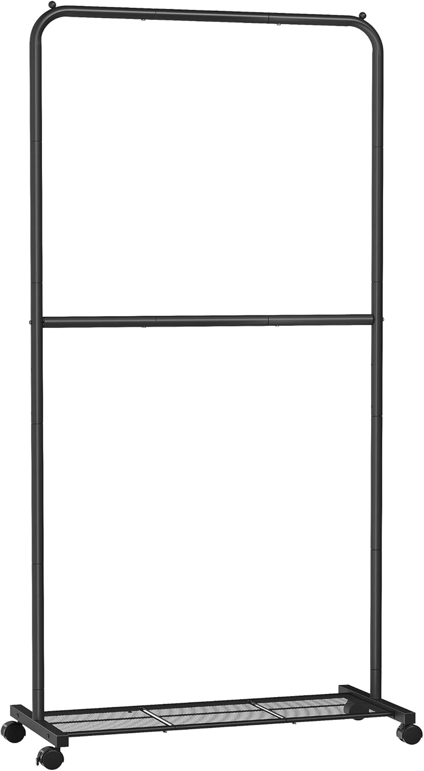 SONGMICS Clothes Rack with Wheels, Clothing Rack for Hanging Clothes, 25.4 mm Metal Garment Rack with Dense Mesh Storage Shelf, 110 lb Load Capacity, 2 Brakes, Black UHSR25BK
