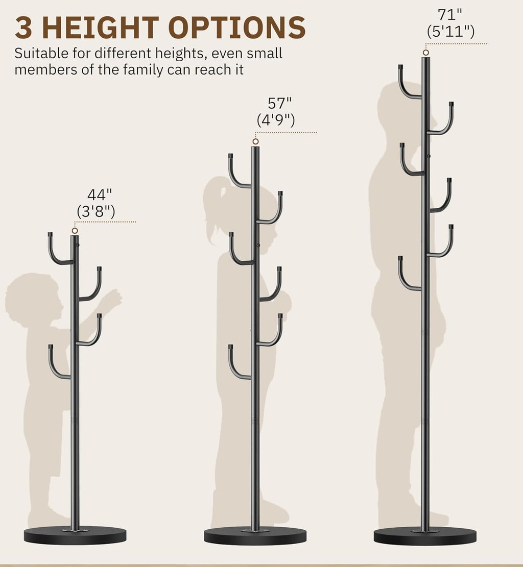 MISSLO Heavy Duty Coat Rack Freestanding 4 Adjustable Size Coat Tree with Stable Wood Base Coat Hanger Stand with 6 Hooks Standing Clothes Tree for Bedroom, Black