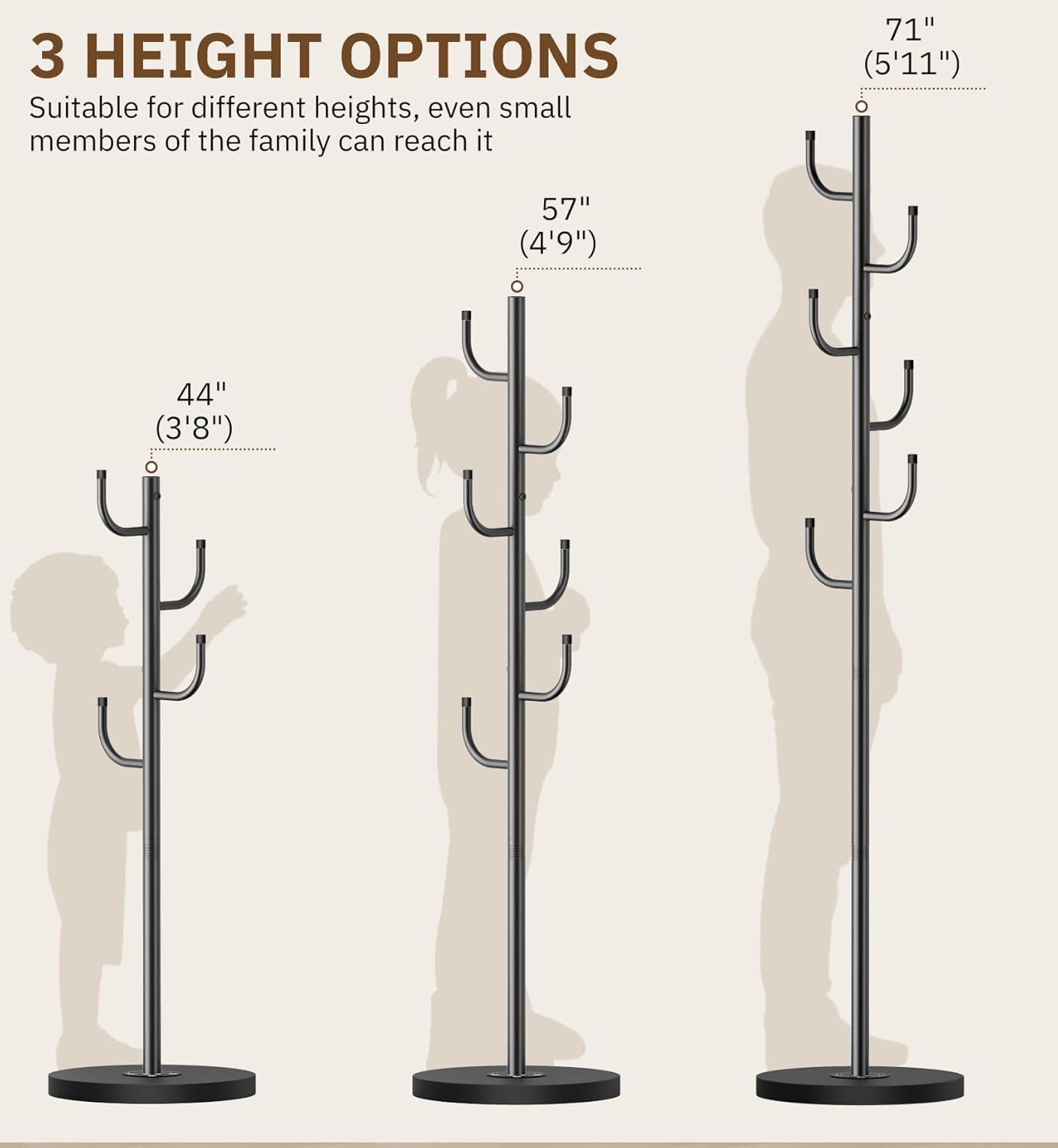 MISSLO Heavy Duty Coat Rack Freestanding 4 Adjustable Size Coat Tree with Stable Wood Base Coat Hanger Stand with 6 Hooks Standing Clothes Tree for Bedroom, Black