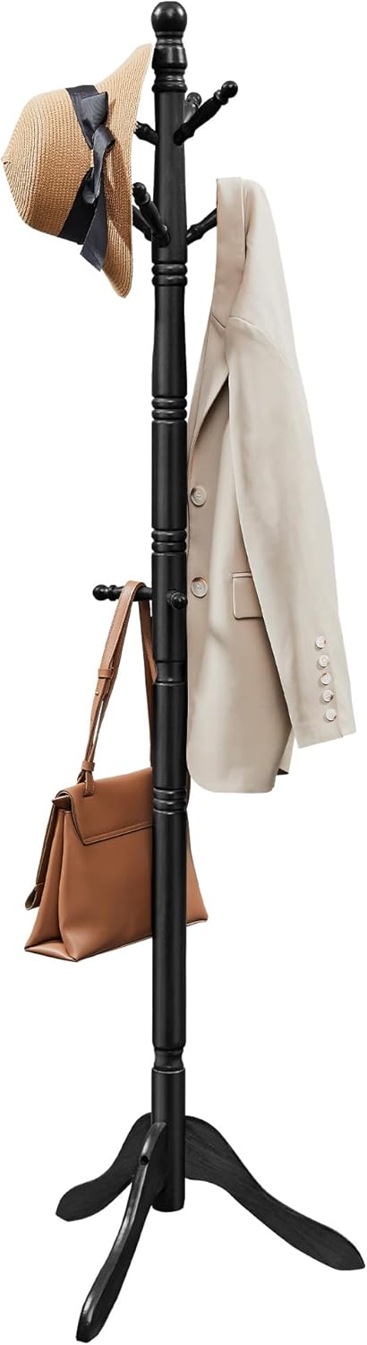 VASAGLE Solid Wood Coat Rack and Stand, Free Standing Hall Coat Tree with 10 Hooks for Hats, Bags, Purses, for Entryway, Hallway, Rubberwood, Caramel Brown URCR03WN