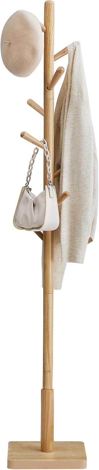 VASAGLE Solid Wood Coat Rack, Free Standing Hall Coat Tree with 8 Hooks, 3 Height Options, for Coats, Hats, Bags, Purses, for Entryway, Hallway, Rubberwood Hooks and Pole, Dark Walnut URCR010W01
