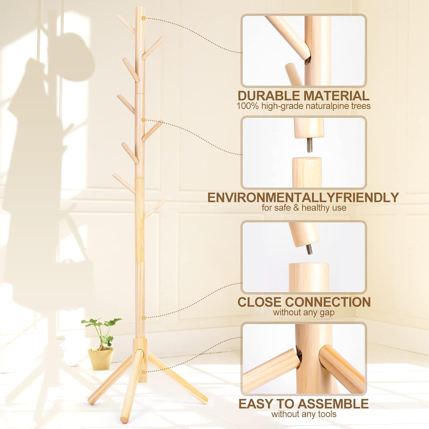 Solid Wooden Coat Rack Freestanding, New Zealand Pine Coat Tree with 8 Hooks & 3 Adjustable Sizes for Coats, Hats, Handbags and Scarves, Space Saving for Entryway/Office/Bedroom (Nature)