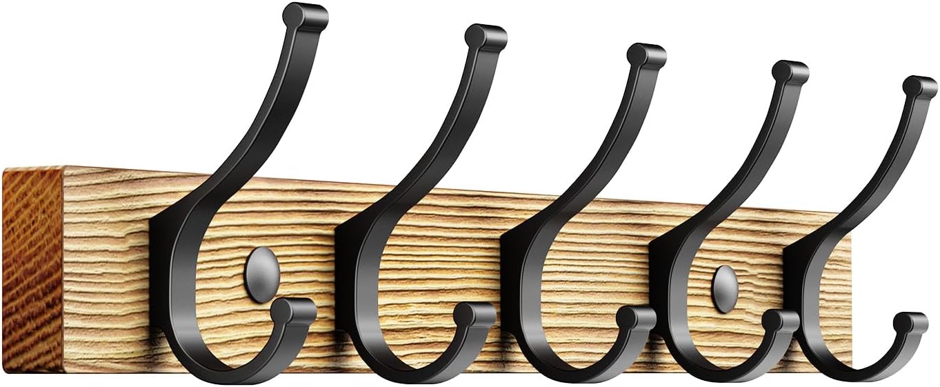 Coat Rack Wall Mount, 16.5 Inches Wood Coat Hooks, Wall Hooks for Hanging, Hat Rack Bag Hanger Key Holder for Wall, Purse Hanger Towel Racks for Bathroom (1Pack, Brown)
