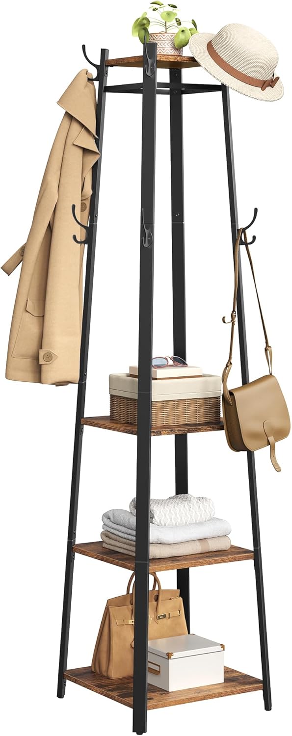 VASAGLE Coat Rack, Coat Stand with 3 Shelves, Hall Tree Free Standing with Hooks for Scarves, Bags, Umbrellas, Steel Frame, Industrial Style, for Entryway, Living Room, Rustic Brown and Black ULCR80X