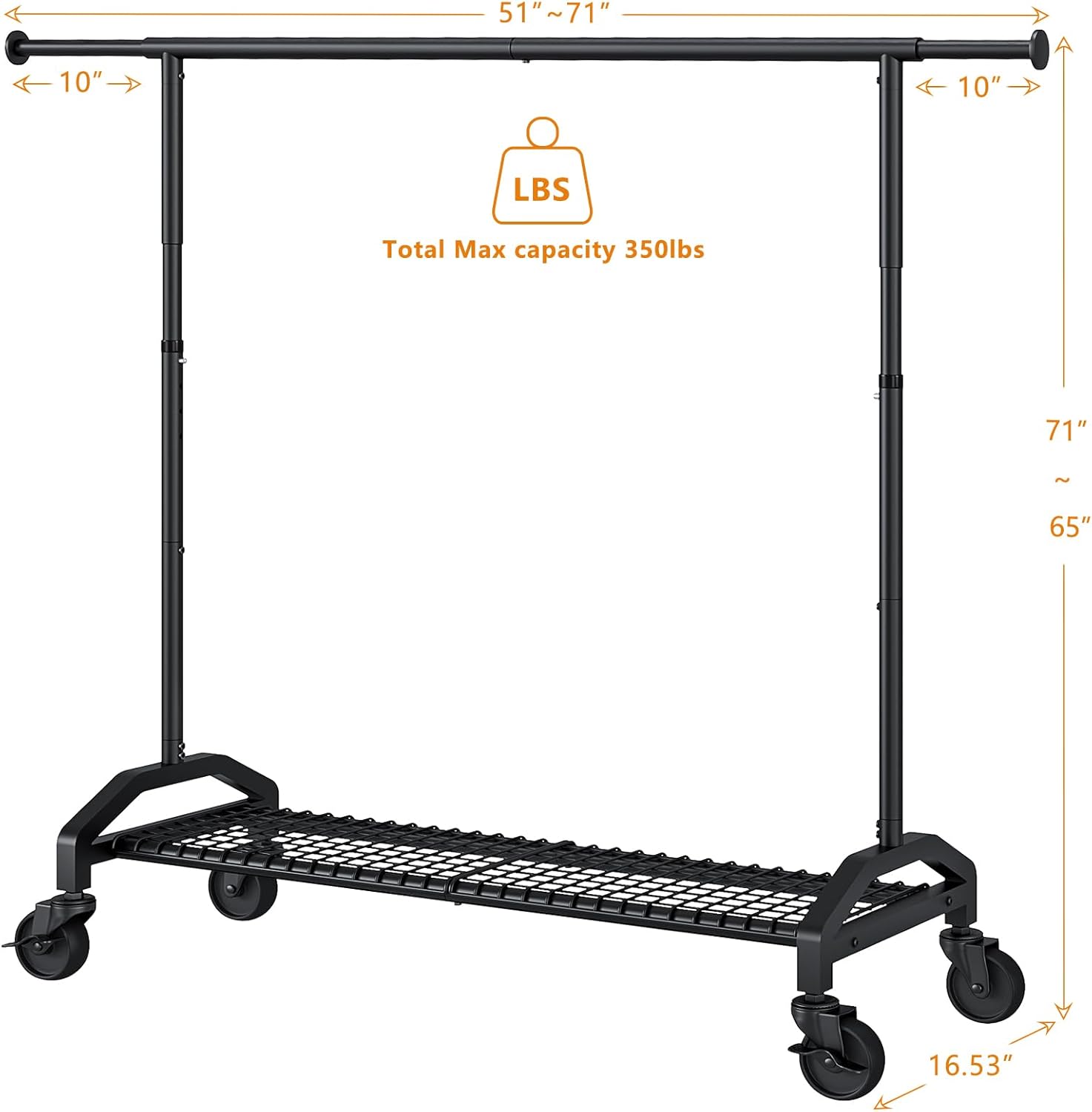 Heavy Duty Clothes Rack for Hanging Clothes 350lbs Clothing Rack 3" industrial Wheels 51 to 71" W x 16.53" D x 65" to 71" H Adjustable Rolling Clothes Rack Coat Rack Garment Rack Black