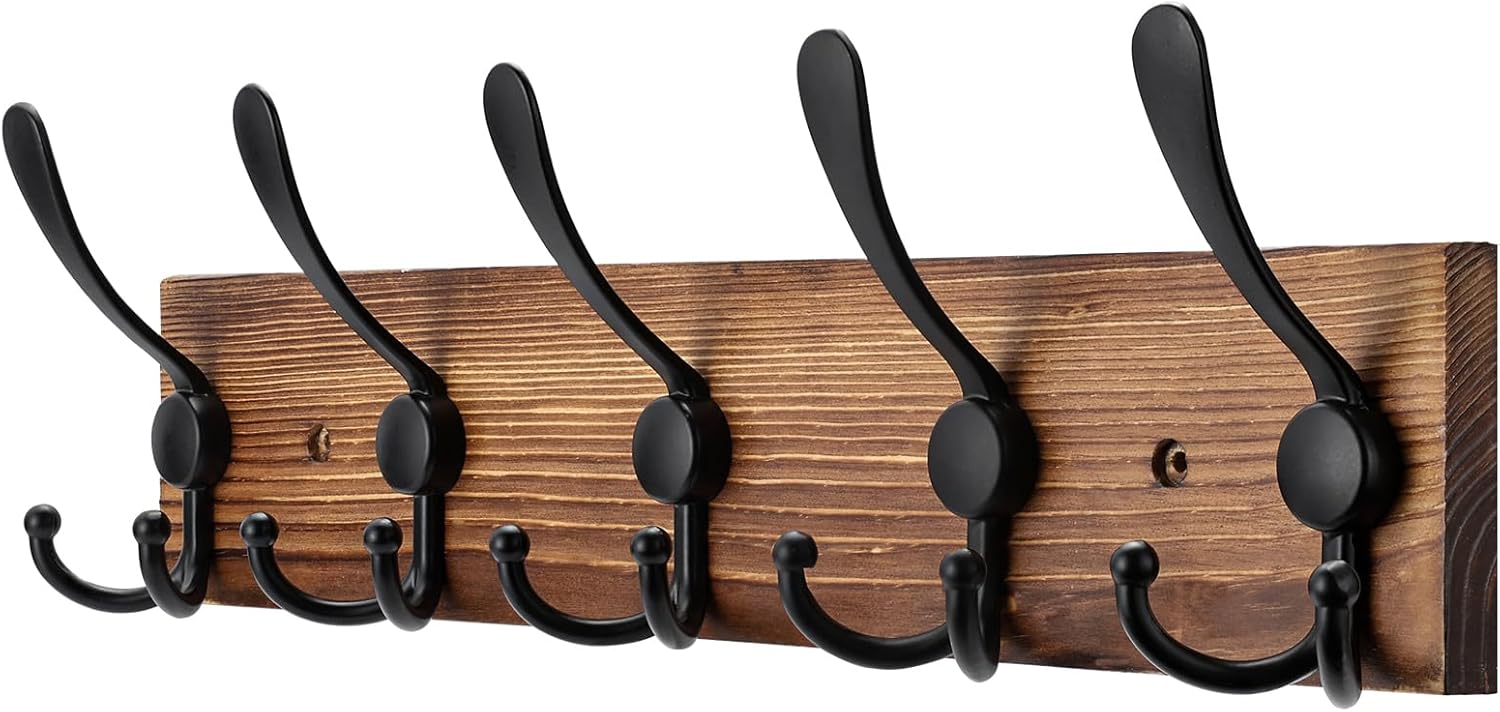 32.2'' Large Coat Rack Wall Mount Coat Hooks Coat Hanger with 8 Metal Black Triple- Hooks Brown Pine Real Wood Plank Hat Rack for Wall Hooks for Hanging Coat Hat Jacket