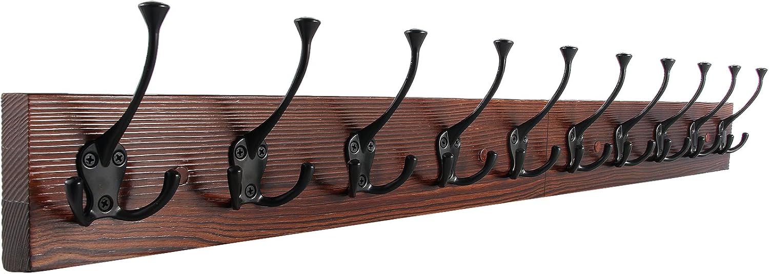 IBosins Wall Mounted Coat Rack with 10 Decorative Hooks, 34'' Long, Old Wood Color Coat Hanger, Rustic Coat Hooks Rail for Entryway Living Room Coat Scarf Bag Towel Hat