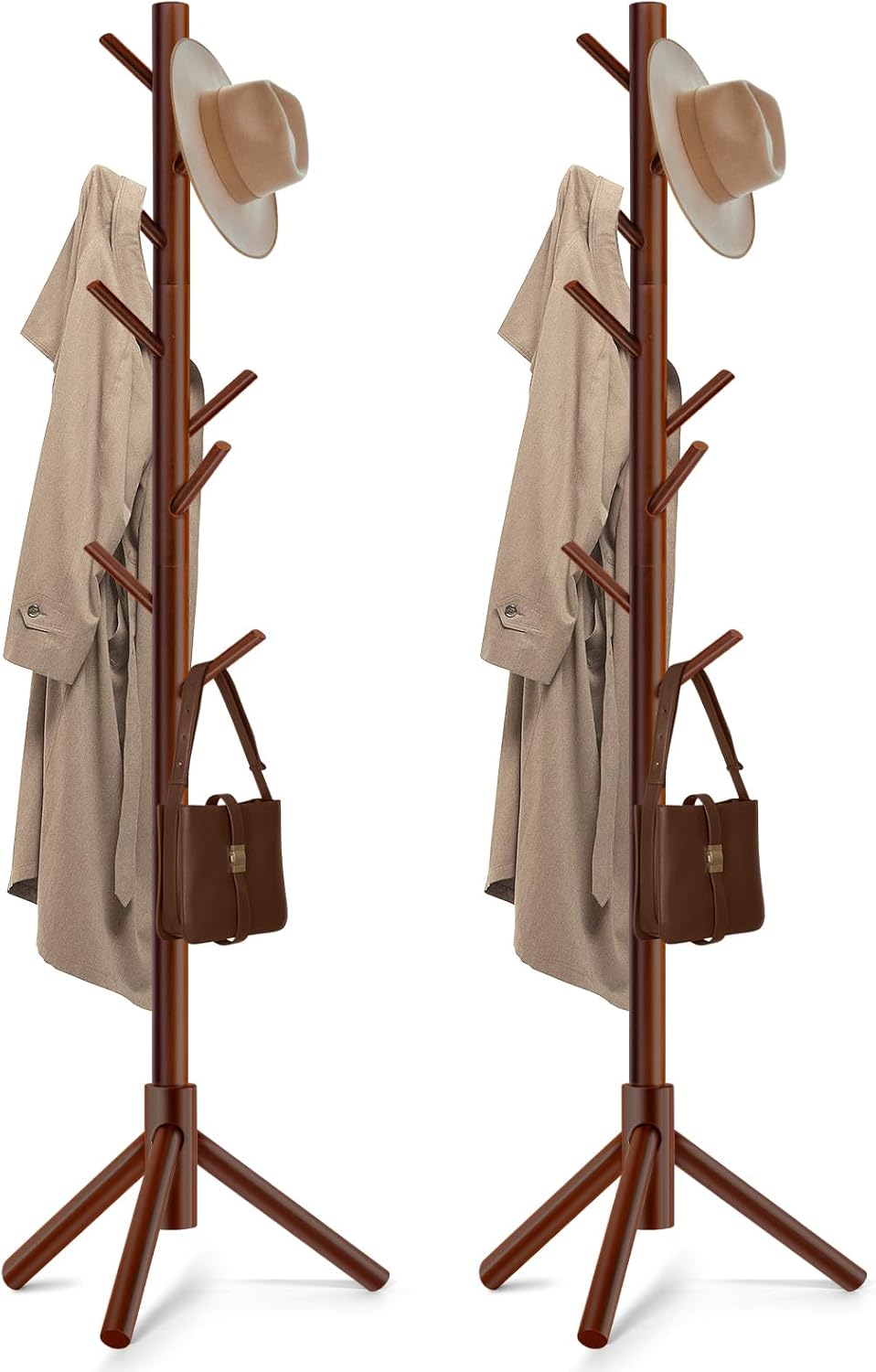 Solid Wooden Coat Rack Freestanding, New Zealand Pine Coat Tree with 8 Hooks & 3 Adjustable Sizes for Coats, Hats, Handbags and Scarves, Space Saving for Entryway/Office/Bedroom (Nature)