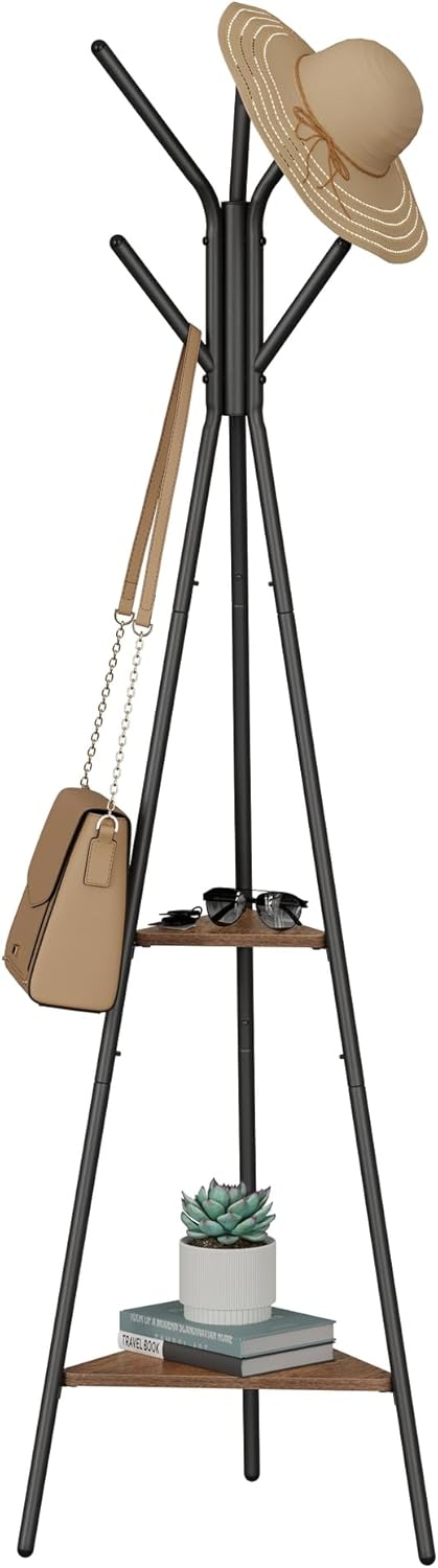 VASAGLE Coat Rack, Coat Stand with 3 Shelves, Hall Tree Free Standing with Hooks for Scarves, Bags, Umbrellas, Steel Frame, Industrial Style, for Entryway, Living Room, Rustic Brown and Black ULCR80X