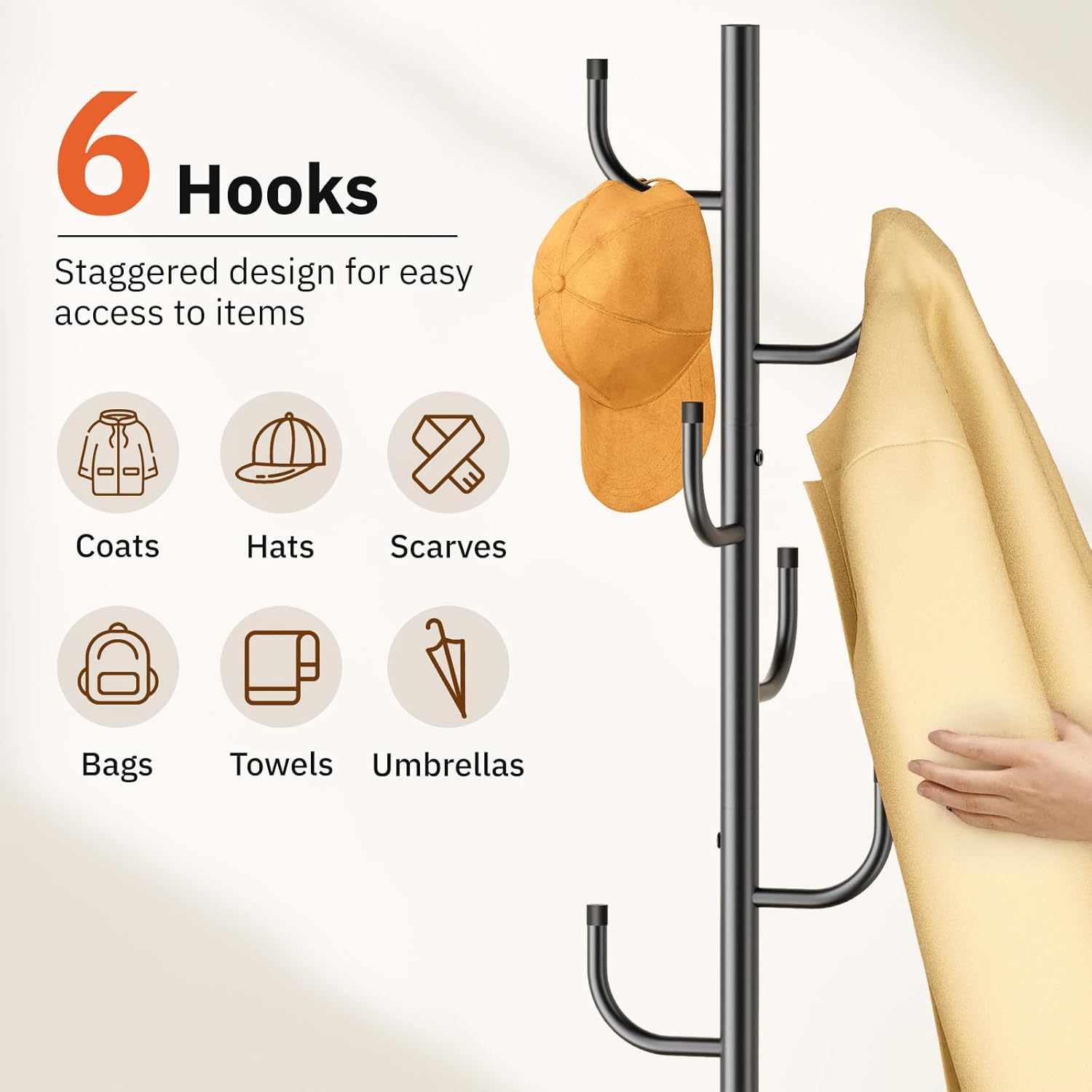 MISSLO Heavy Duty Coat Rack Freestanding 4 Adjustable Size Coat Tree with Stable Wood Base Coat Hanger Stand with 6 Hooks Standing Clothes Tree for Bedroom, Black