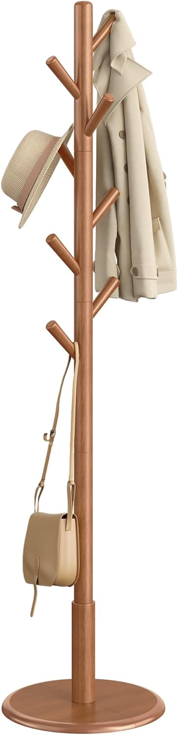 VASAGLE Solid Wood Coat Rack, Free Standing Hall Coat Tree with 8 Hooks, 3 Height Options, for Coats, Hats, Bags, Purses, for Entryway, Hallway, Rubberwood Hooks and Pole, Dark Walnut URCR010W01