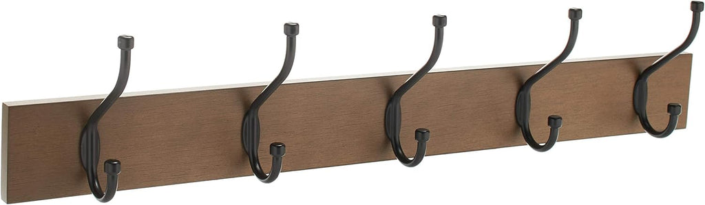Amazon Basics Wall-Mounted Coat Rack, 5 Hook, Light Walnut | Farmhouse, Rectangular