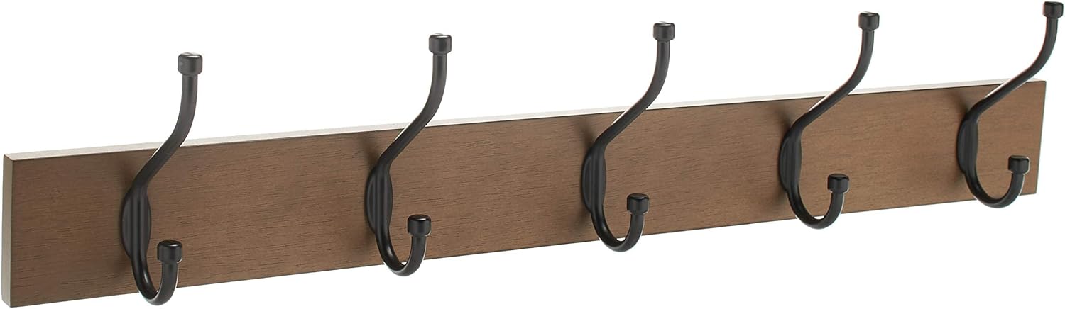 Amazon Basics Wall-Mounted Coat Rack, 5 Hook, Light Walnut | Farmhouse, Rectangular