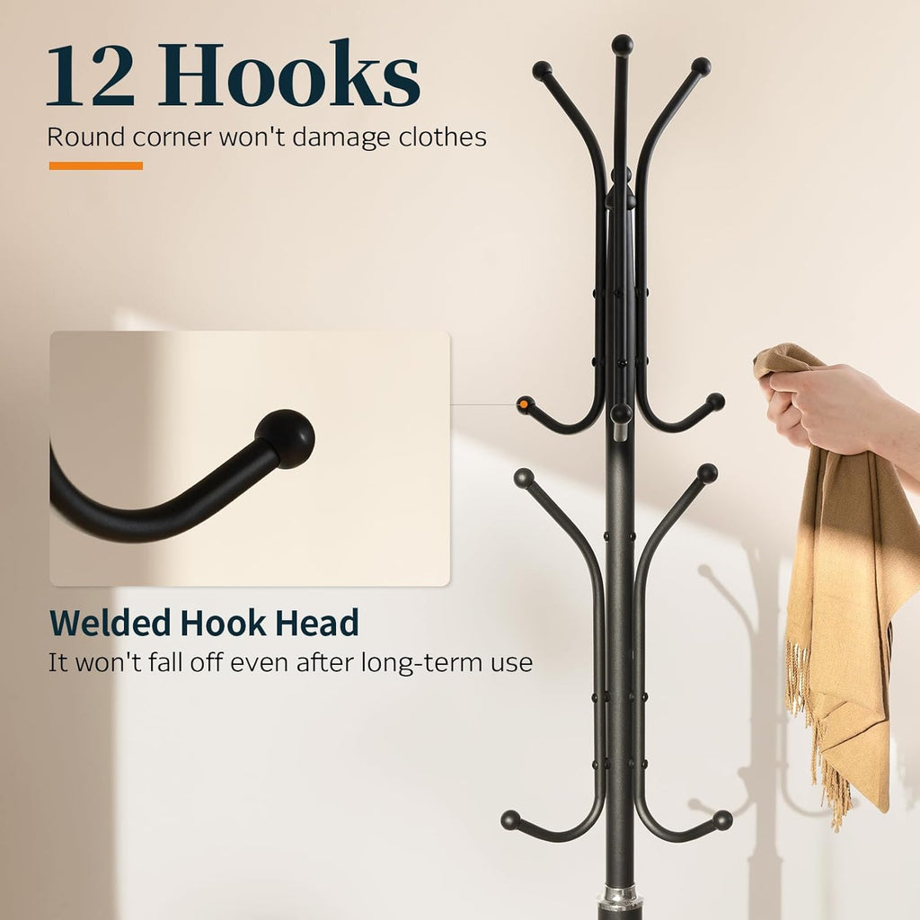 Yoobure Metal Coat Rack Freestanding with Marble Base, Coat Tree with 12 Hooks & Umbrella Holder, Coat Hanger Stand for Corner Entryway Bedroom Office, Heavy Duty Coat Rack Stand for Clothes Hats Bags