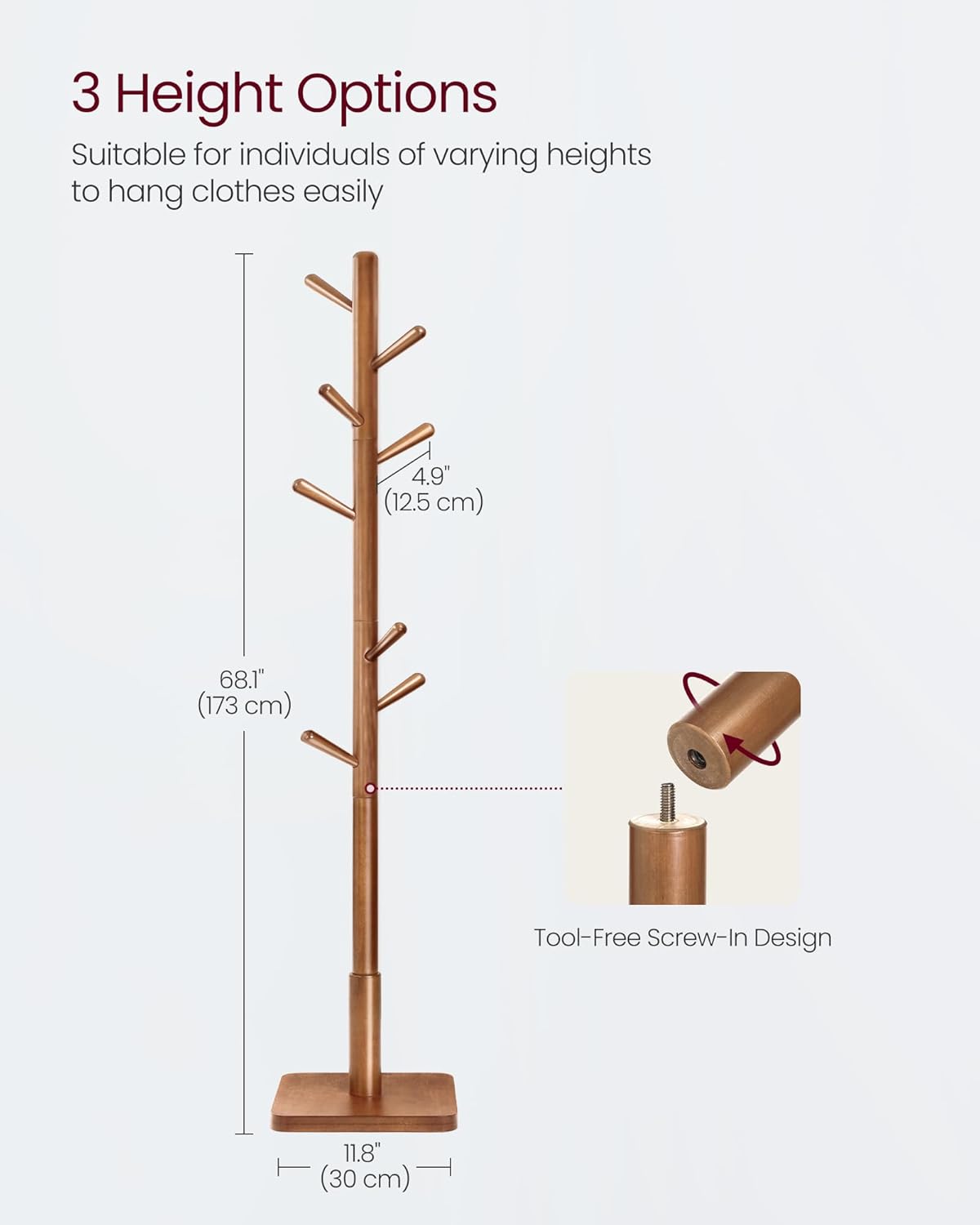 VASAGLE Solid Wood Coat Rack, Free Standing Hall Coat Tree with 8 Hooks, 3 Height Options, for Coats, Hats, Bags, Purses, for Entryway, Hallway, Rubberwood Hooks and Pole, Dark Walnut URCR010W01