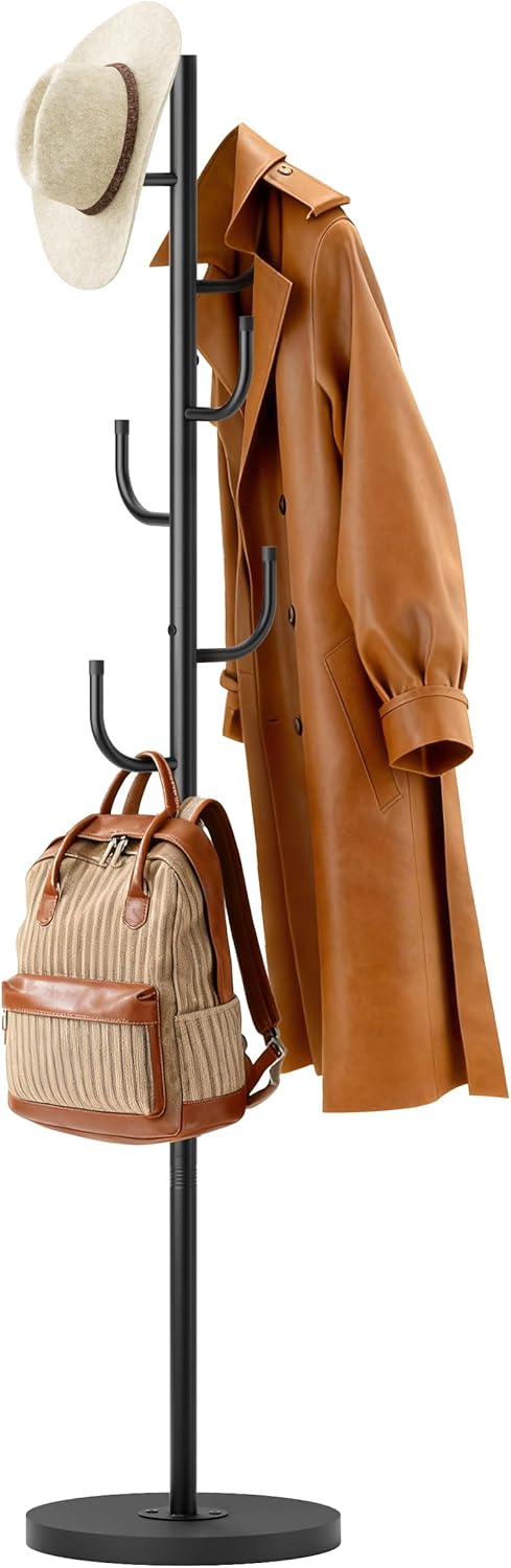 MISSLO Heavy Duty Coat Rack Freestanding 4 Adjustable Size Coat Tree with Stable Wood Base Coat Hanger Stand with 6 Hooks Standing Clothes Tree for Bedroom, Black