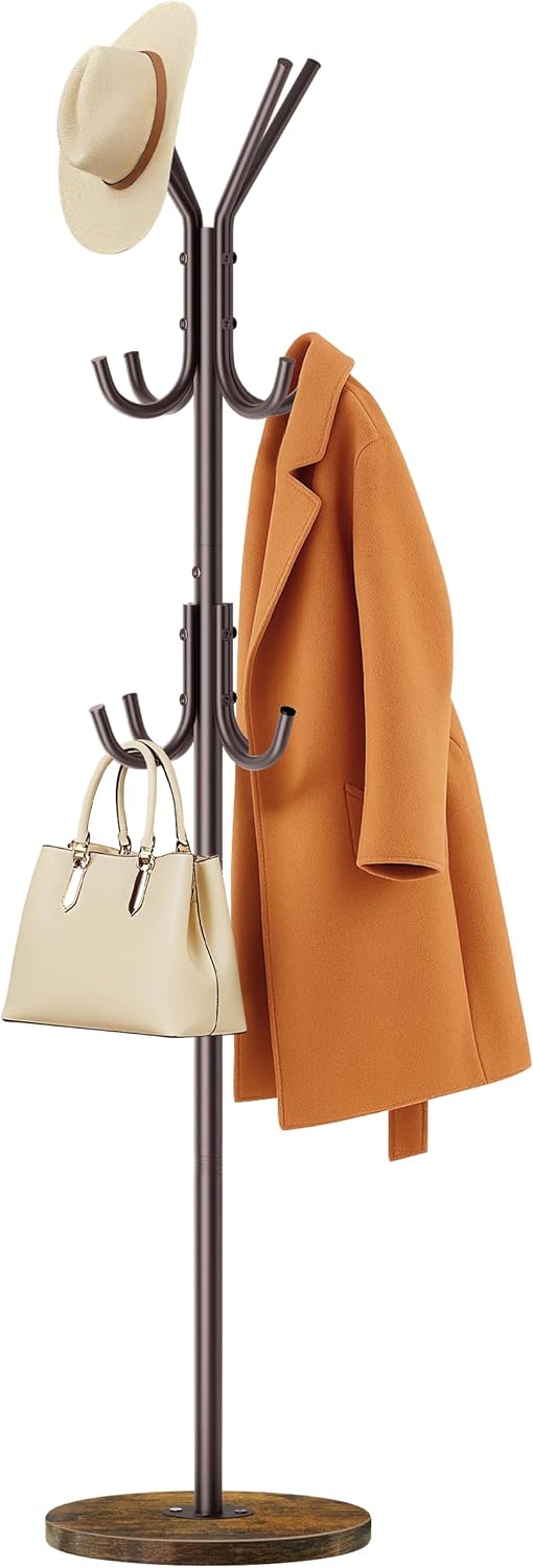 MISSLO Heavy Duty Coat Rack Freestanding with Stable Wood Base Modern Coat Tree with 12 Hooks Adjustable Coats Hanger Stand Stylish Standing Clothes Tree for Entryway Bedroom Corner Hall