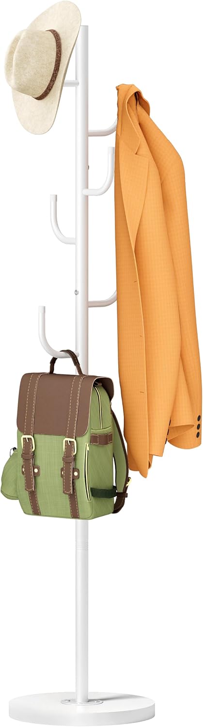 MISSLO Heavy Duty Coat Rack Freestanding 4 Adjustable Size Coat Tree with Stable Wood Base Coat Hanger Stand with 6 Hooks Standing Clothes Tree for Bedroom, Black