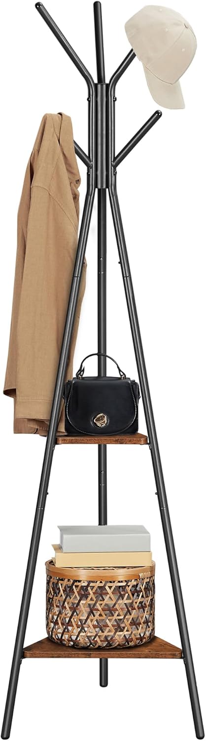 VASAGLE Coat Rack, Coat Stand with 3 Shelves, Hall Tree Free Standing with Hooks for Scarves, Bags, Umbrellas, Steel Frame, Industrial Style, for Entryway, Living Room, Rustic Brown and Black ULCR80X