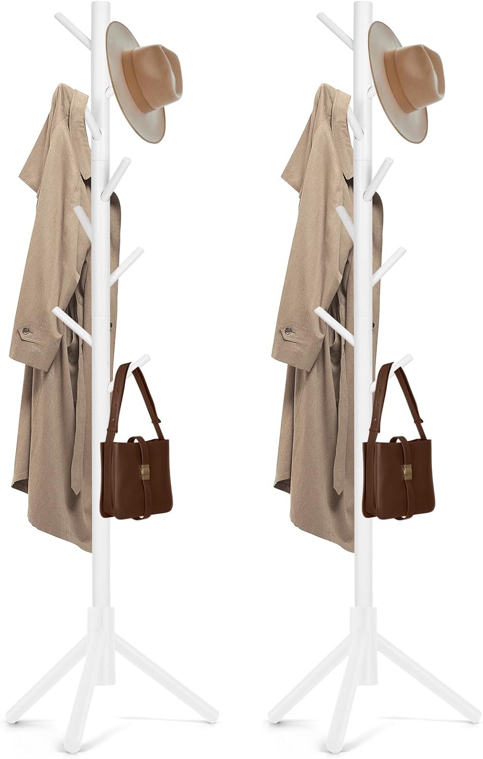 Solid Wooden Coat Rack Freestanding, New Zealand Pine Coat Tree with 8 Hooks & 3 Adjustable Sizes for Coats, Hats, Handbags and Scarves, Space Saving for Entryway/Office/Bedroom (Black)