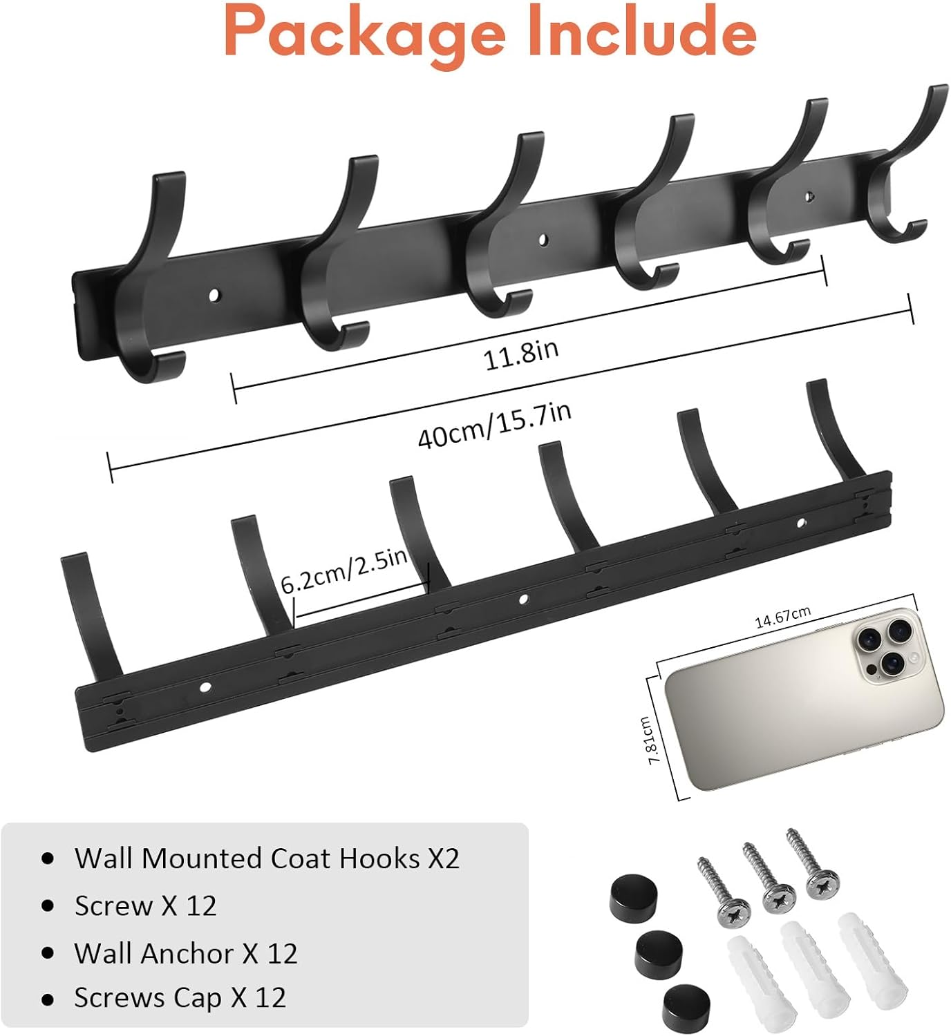 Coat Rack Wall Mount, Wall Hooks for Hanging, Entry Coat Hooks Coat Hanger, Hat Rack Holder for Wall, Key Holder Purse Racks, Towel Rack for Bathrooms (2 Pack, Black)