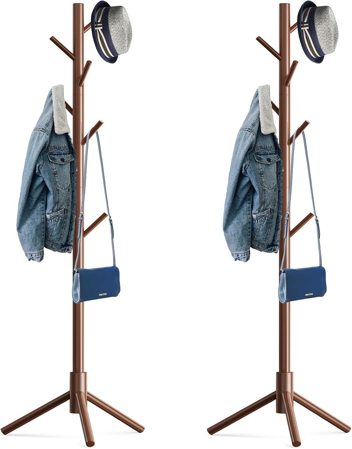 Wooden Tree Coat Rack Stand,Sturdy Freestanding Coat Rack with 8 Hooks,3 Adjustable Height for Child Adult,Wood Coat Stand Tree Fits Entryway Bedroom Office for Bags,Hats