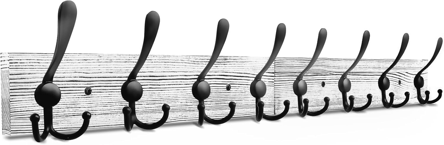 IBosins Wall Mounted Coat Rack, 31-2/5'' Long, Entryway Hanging Rack, Metal Wood Coat Hooks Rack with 8 Black Rustic Tri-Hooks Rail for Coat, Bag, Towel, Key, Hat, Umbrella