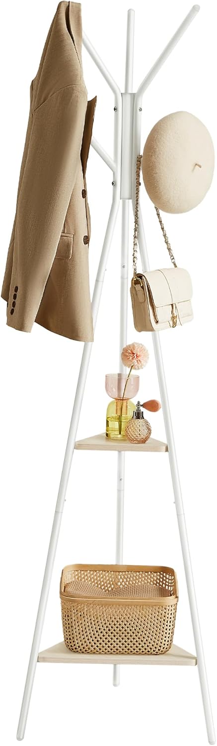 VASAGLE Coat Rack, Coat Stand with 3 Shelves, Hall Tree Free Standing with Hooks for Scarves, Bags, Umbrellas, Steel Frame, Industrial Style, for Entryway, Living Room, Rustic Brown and Black ULCR80X