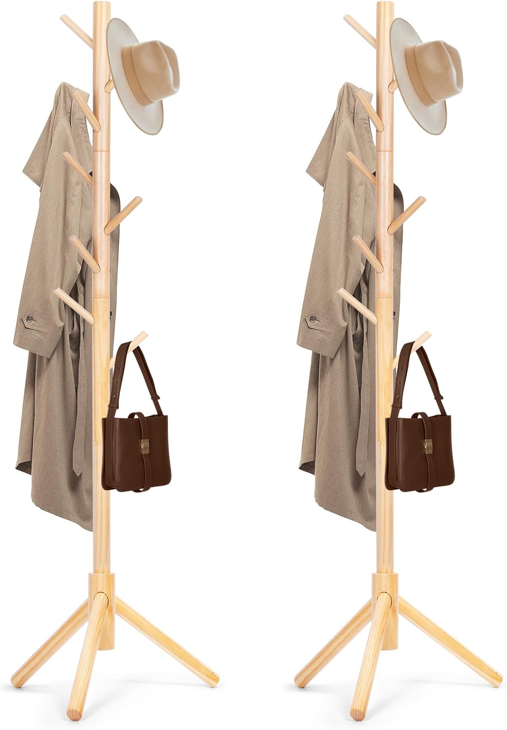 Solid Wooden Coat Rack Freestanding, New Zealand Pine Coat Tree with 8 Hooks & 3 Adjustable Sizes for Coats, Hats, Handbags and Scarves, Space Saving for Entryway/Office/Bedroom (Black)