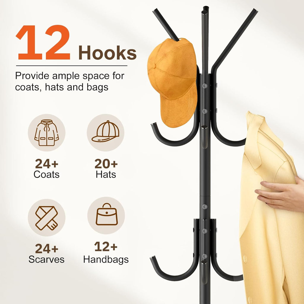 MISSLO Heavy Duty Coat Rack Freestanding with Stable Wood Base Modern Coat Tree with 12 Hooks Adjustable Coats Hanger Stand Stylish Standing Clothes Tree for Entryway Bedroom Corner Hall