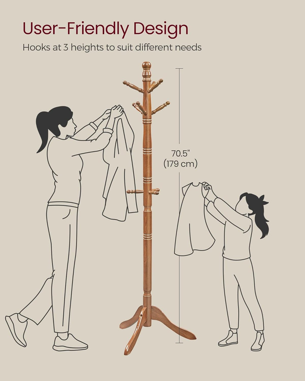 VASAGLE Solid Wood Coat Rack and Stand, Free Standing Hall Coat Tree with 10 Hooks for Hats, Bags, Purses, for Entryway, Hallway, Rubberwood, Caramel Brown URCR03WN