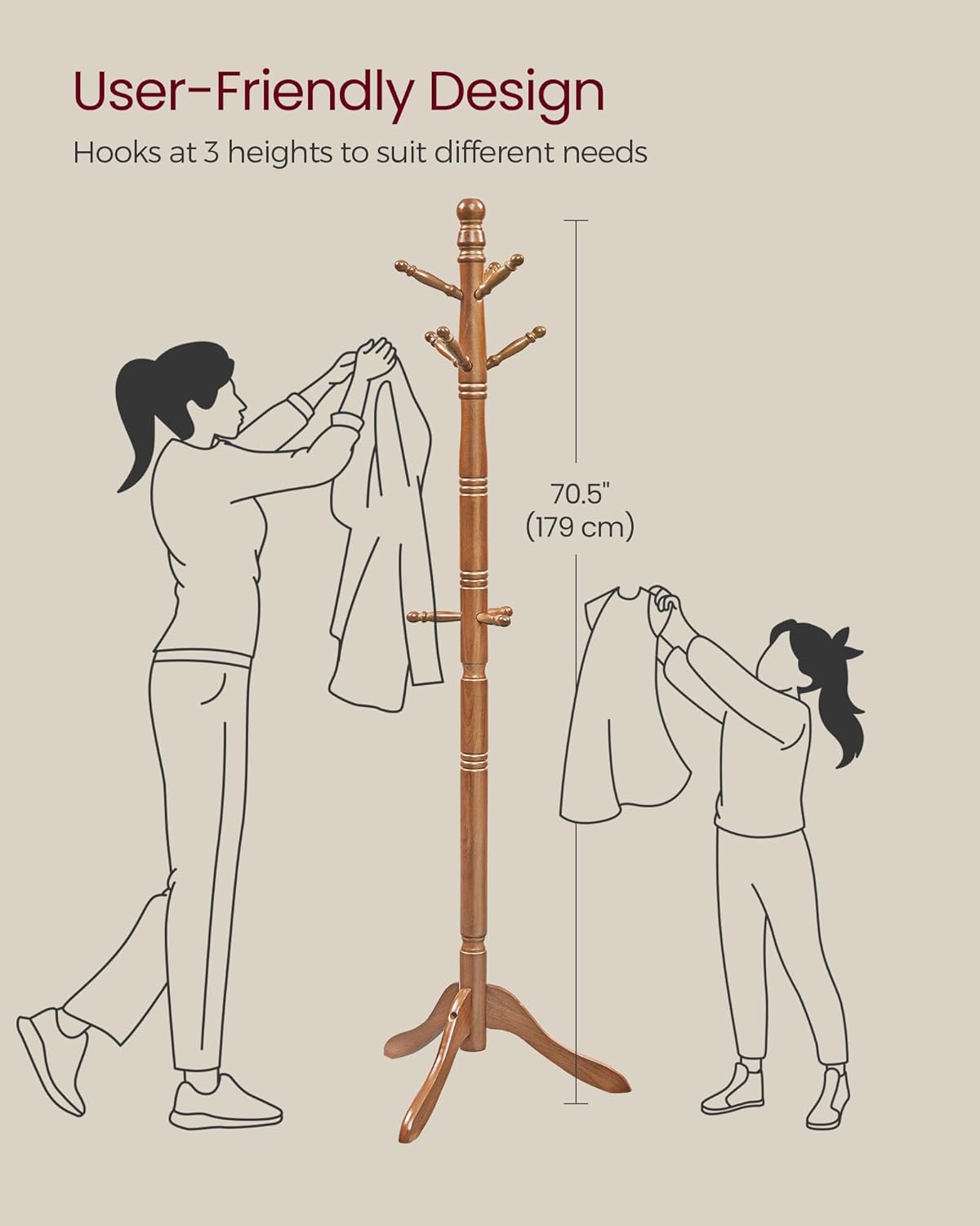 VASAGLE Solid Wood Coat Rack and Stand, Free Standing Hall Coat Tree with 10 Hooks for Hats, Bags, Purses, for Entryway, Hallway, Rubberwood, Caramel Brown URCR03WN