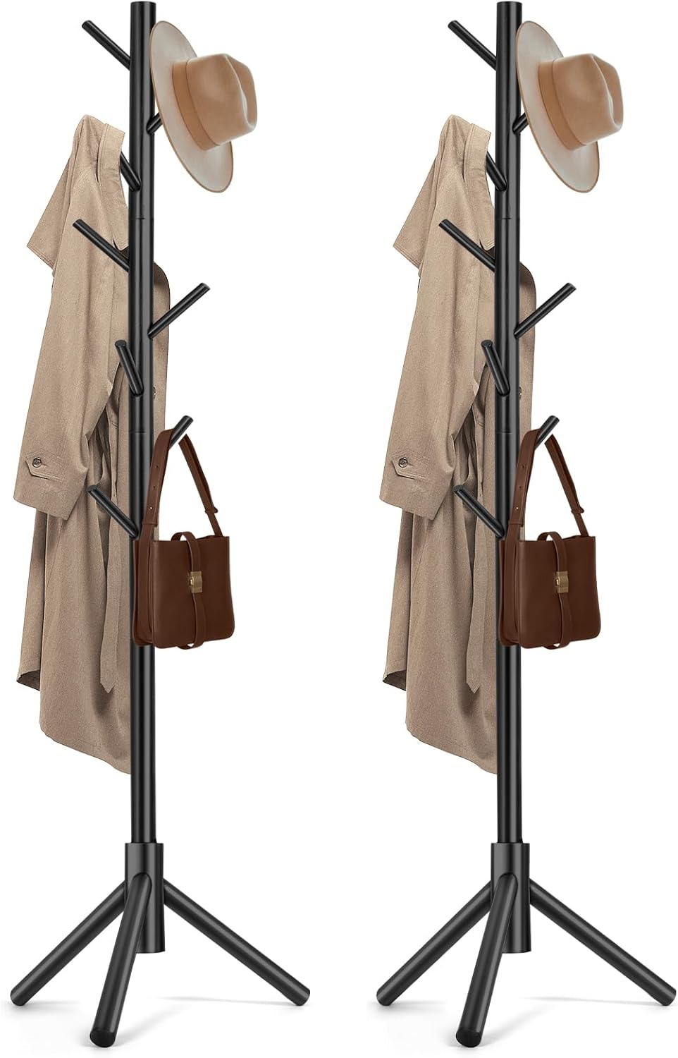Solid Wooden Coat Rack Freestanding, New Zealand Pine Coat Tree with 8 Hooks & 3 Adjustable Sizes for Coats, Hats, Handbags and Scarves, Space Saving for Entryway/Office/Bedroom (Brown)